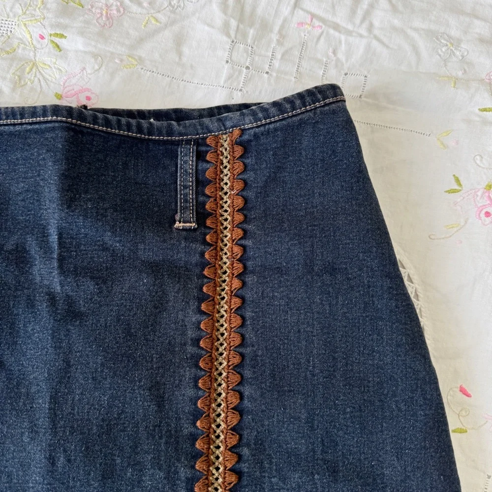 Y2K Denim Midi Skirt with Brown Crochet Trim Detail - Picture 3 of 7